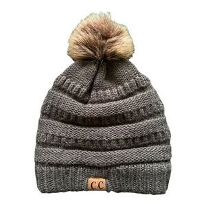C.C Trendy Faux Fur Pom Fleece Lined Warm Soft Stretchy Cable Knit Beanie Hat